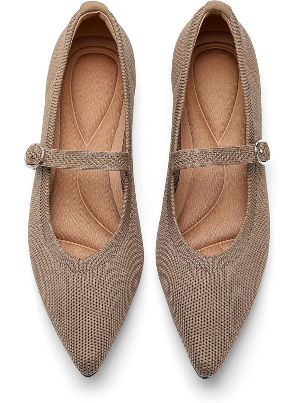 Women's Khaki Pointed Tip Ankle Strap Washable Casual Ballet Knit Flat Shoes